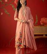 peach floral embroidered silk blend stitched a-line trouser salwar suit set