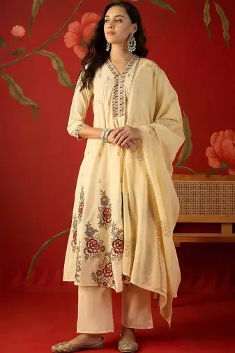 cream floral embroidered silk blend stitched a-line trouser salwar suit set