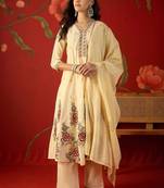 cream floral embroidered silk blend stitched a-line trouser salwar suit set
