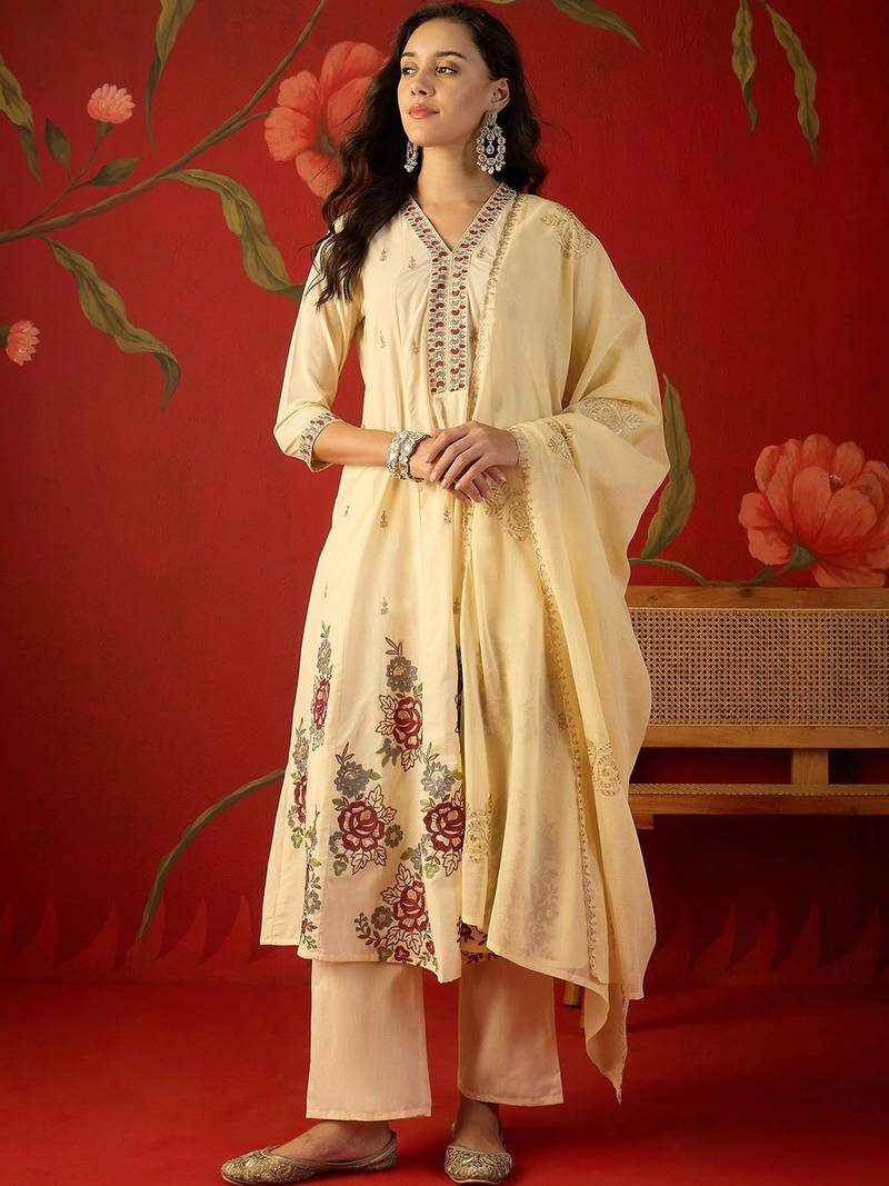cream floral embroidered silk blend stitched a-line trouser salwar suit set