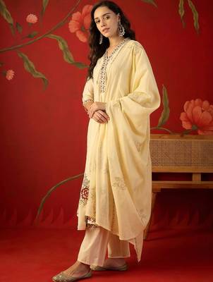 cream floral embroidered silk blend stitched a-line trouser salwar suit set 2