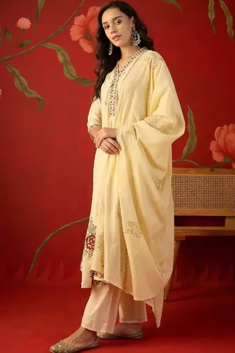 cream floral embroidered silk blend stitched a-line trouser salwar suit set