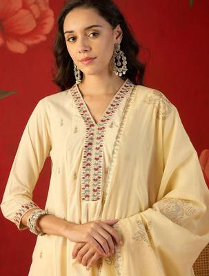 cream floral embroidered silk blend stitched a-line trouser salwar suit set 3