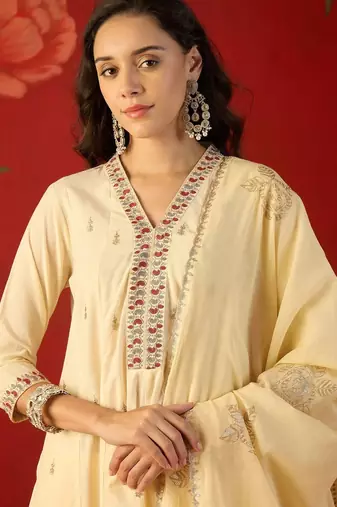 cream floral embroidered silk blend stitched a-line trouser salwar suit set