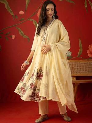 cream floral embroidered silk blend stitched a-line trouser salwar suit set 4
