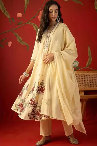 cream floral embroidered silk blend stitched a-line trouser salwar suit set