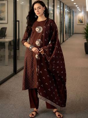 brown ethnic motifs printed   cotton stitched straight trouser salwar suit set 1