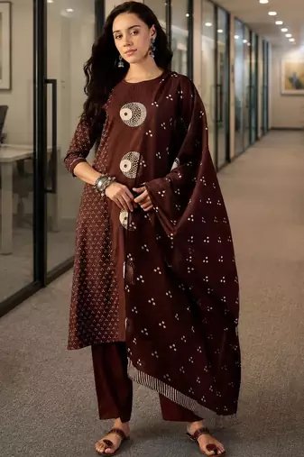 brown ethnic motifs printed   cotton stitched straight trouser salwar suit set