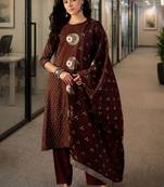 brown ethnic motifs printed   cotton stitched straight trouser salwar suit set