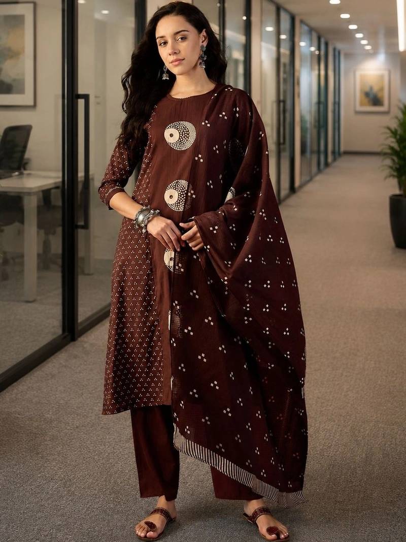 brown ethnic motifs printed   cotton stitched straight trouser salwar suit set