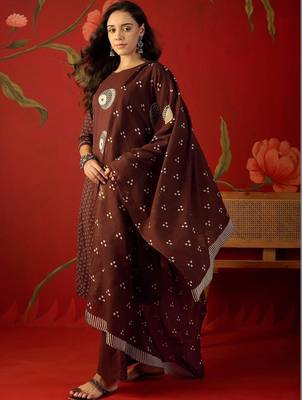 brown ethnic motifs printed   cotton stitched straight trouser salwar suit set 2