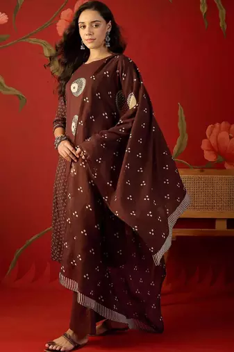 brown ethnic motifs printed   cotton stitched straight trouser salwar suit set