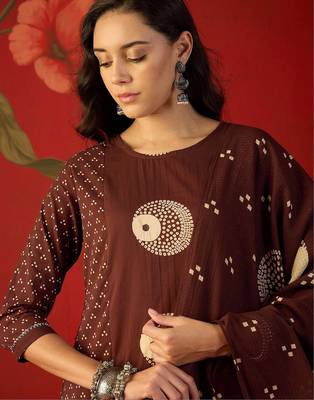 brown ethnic motifs printed   cotton stitched straight trouser salwar suit set 3