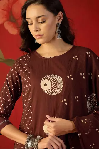 brown ethnic motifs printed   cotton stitched straight trouser salwar suit set