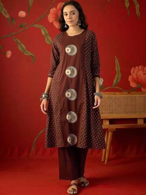 brown ethnic motifs printed   cotton stitched straight trouser salwar suit set 4