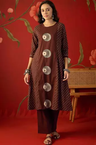 brown ethnic motifs printed   cotton stitched straight trouser salwar suit set