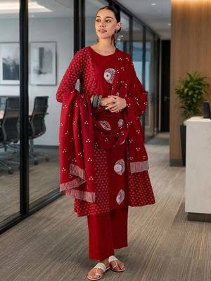 red ethnic motifs printed   cotton stitched straight trouser salwar suit set 1