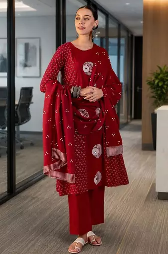 red ethnic motifs printed   cotton stitched straight trouser salwar suit set
