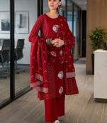 red ethnic motifs printed   cotton stitched straight trouser salwar suit set