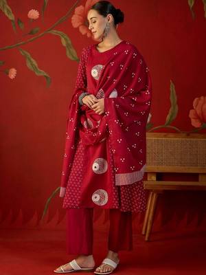 red ethnic motifs printed   cotton stitched straight trouser salwar suit set 2