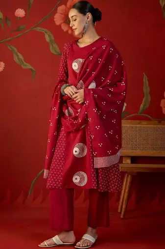 red ethnic motifs printed   cotton stitched straight trouser salwar suit set