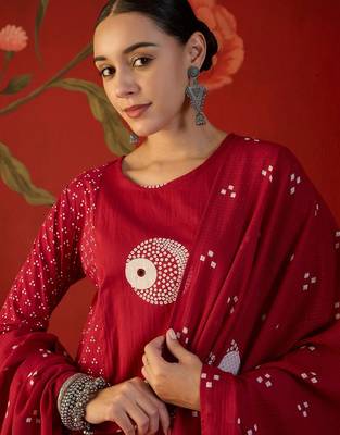 red ethnic motifs printed   cotton stitched straight trouser salwar suit set 3