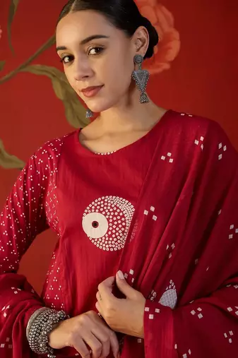 red ethnic motifs printed   cotton stitched straight trouser salwar suit set