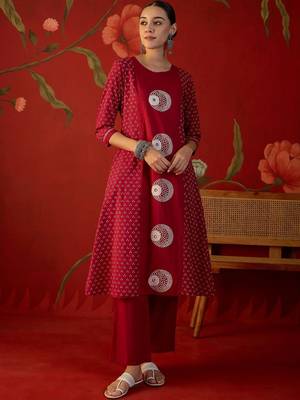 red ethnic motifs printed   cotton stitched straight trouser salwar suit set 4