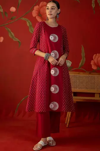 red ethnic motifs printed   cotton stitched straight trouser salwar suit set