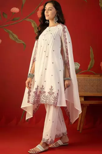 off-white ethnic motifs embroidered   cotton stitched straight trouser salwar suit set
