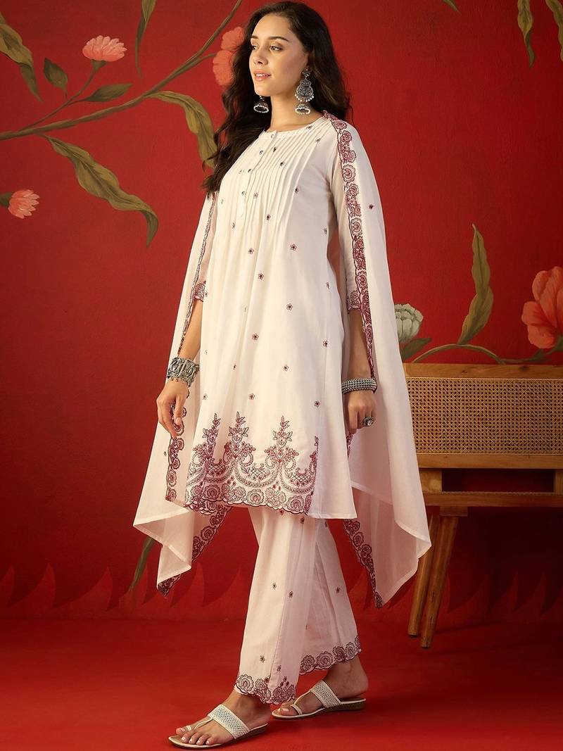 off-white ethnic motifs embroidered   cotton stitched straight trouser salwar suit set