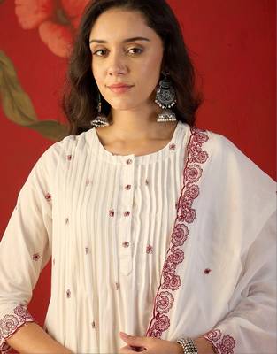 off-white ethnic motifs embroidered   cotton stitched straight trouser salwar suit set 2
