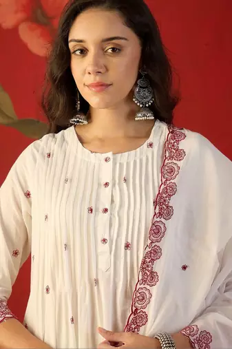 off-white ethnic motifs embroidered   cotton stitched straight trouser salwar suit set