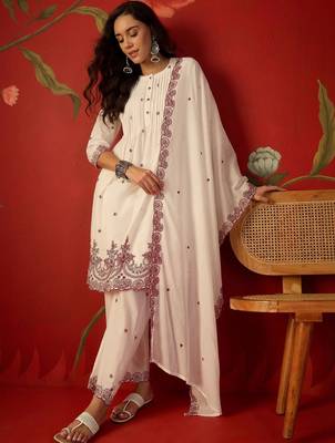 off-white ethnic motifs embroidered   cotton stitched straight trouser salwar suit set 3