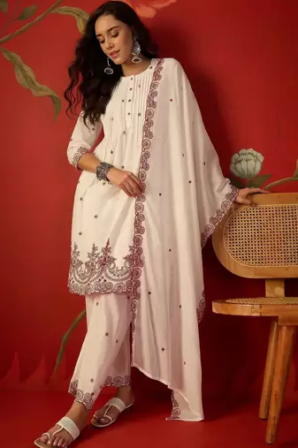 off-white ethnic motifs embroidered   cotton stitched straight trouser salwar suit set
