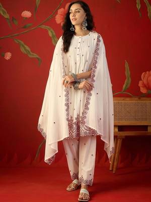 off-white ethnic motifs embroidered   cotton stitched straight trouser salwar suit set 4