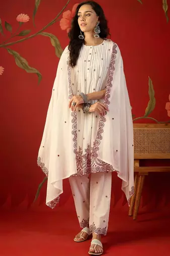 off-white ethnic motifs embroidered   cotton stitched straight trouser salwar suit set