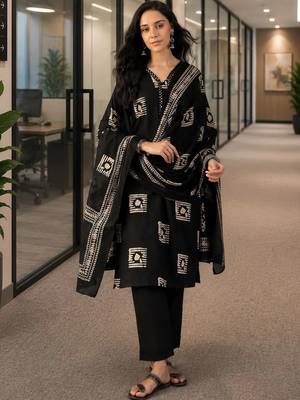 black ethnic motifs printed   cotton stitched straight trouser salwar suit set 1