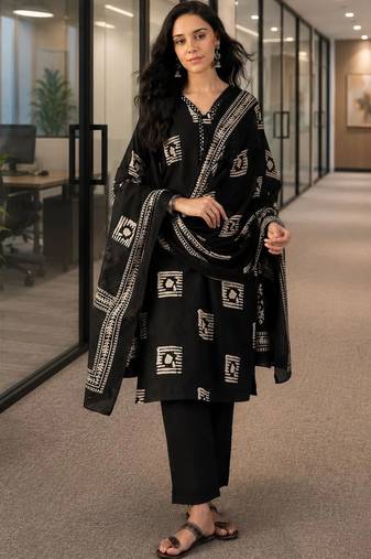 black ethnic motifs printed   cotton stitched straight trouser salwar suit set