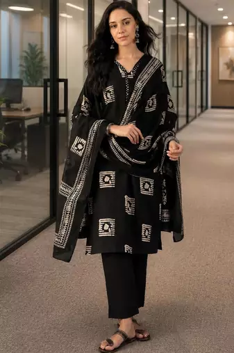 black ethnic motifs printed   cotton stitched straight trouser salwar suit set