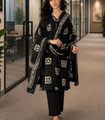 black ethnic motifs printed   cotton stitched straight trouser salwar suit set
