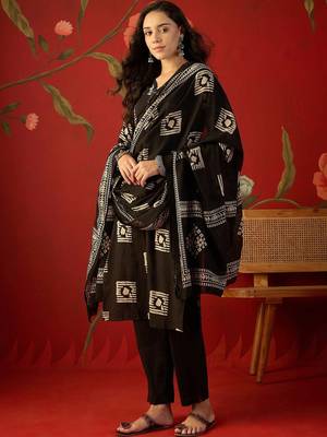 black ethnic motifs printed   cotton stitched straight trouser salwar suit set 2