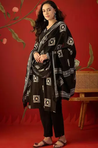 black ethnic motifs printed   cotton stitched straight trouser salwar suit set
