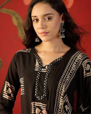 black ethnic motifs printed   cotton stitched straight trouser salwar suit set 3