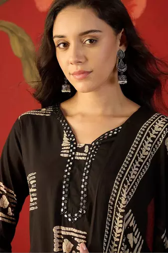 black ethnic motifs printed   cotton stitched straight trouser salwar suit set