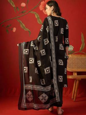 black ethnic motifs printed   cotton stitched straight trouser salwar suit set 4