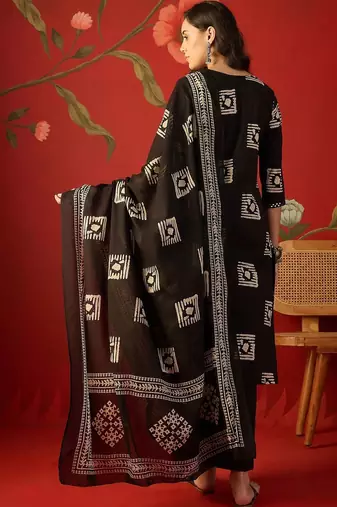 black ethnic motifs printed   cotton stitched straight trouser salwar suit set