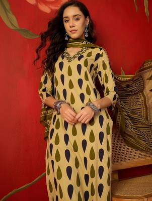 olive green ethnic motifs printed   cotton stitched straight palazzo salwar suit set 2