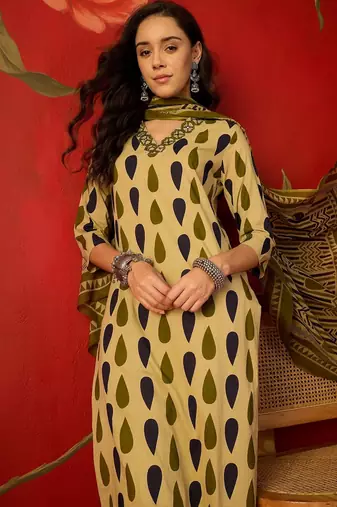 olive green ethnic motifs printed   cotton stitched straight palazzo salwar suit set