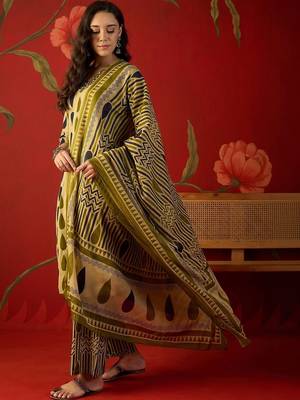 olive green ethnic motifs printed   cotton stitched straight palazzo salwar suit set 1
